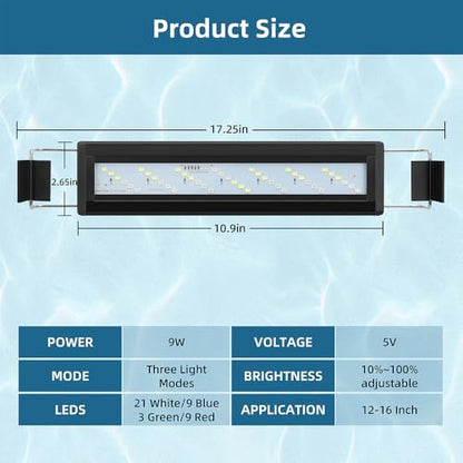 DaToo LED Aquarium Light Full Spectrum Fish Tank Light with Dimmer White Blue Red Green LEDs Fish Tank Light with Three Lighting Modes and Extendable Bracket for 12 Inch to 16 Inch Aquarium - size: 12~16 Inch