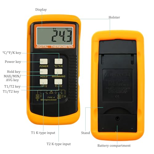 K Type Thermocouple Thermometer Dual Channels Thermocouple Tester (-58~2372°F) High Accuracy Temperature Kelvin Scale Meter with 2X Temperature Clamp & 2X Pipe Thermocouple Probes