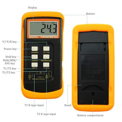 K Type Thermocouple Thermometer Dual Channels Thermocouple Tester (-58~2372°F) High Accuracy Temperature Kelvin Scale Meter with 2X Temperature Clamp & 2X Pipe Thermocouple Probes