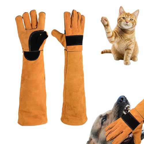 Bite Proof Animal Handling Gloves, Reinforced Leather Anti-Scratch Safety Gauntlets for Dogs Cats Reptiles Wildlife, Extra Long Forearm Protection for Grooming Bathing Training - color: Yellow, size: 23.6inch