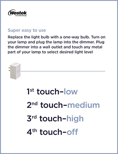Westek Touch Lamp Control Dimmer Switch – Small Plug-In Device Converts Lights to Touch Lamp, 3 Way Switch – No Wiring, Easy to Install, Ideal for Floor, Bedside and Hard to Reach Lamps at Home, White, 6004B