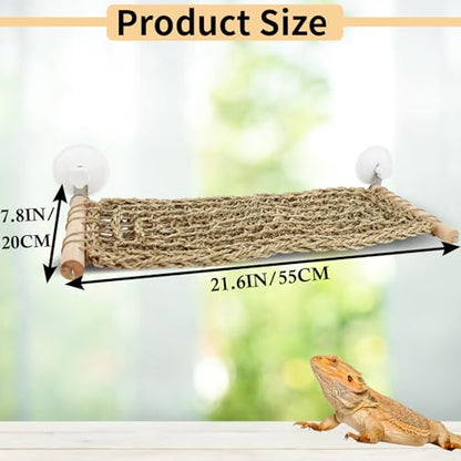 Bearded Dragon Hammock for Window, 21.6 x 7.8 in Natural Seagrass Bearded Dragon Hammock, Large Lizard Window Perch, Reptile Hammock Bed with Powerful Suction Cups for Tank Accessories
