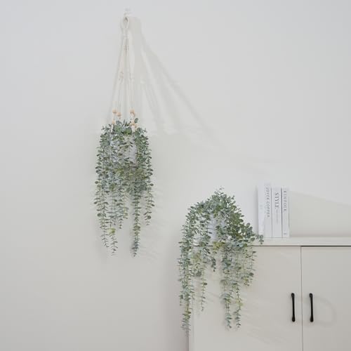 Decorative Hanging Plants for Shelf, Faux Ivy Eucalyptus Vine, Fake Greenery in White Pot (Extra Large) - size: X-Large