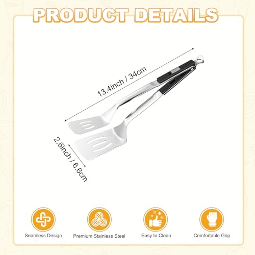 M METERXITY Spatula Tongs, 13.4 Inch 304 Stainless Steel Anti-Scald Extended Serrated Multifunctional Flipper Grill Clamp for Cooking/Barbecue, Kitchen Cooking Tong [Black Handle, Silver Tone] - color: Black Handle, Silver Tone