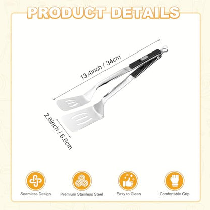 M METERXITY Spatula Tongs, 13.4 Inch 304 Stainless Steel Anti-Scald Extended Serrated Multifunctional Flipper Grill Clamp for Cooking/Barbecue, Kitchen Cooking Tong [Black Handle, Silver Tone] - color: Black Handle, Silver Tone