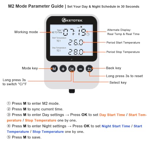 KETOTEK 3-in-1 Plug-in Thermostat Outlet, Digital Day/Night Temperature Controller with Timer & Probe for Reptile Terrarium, Greenhouse & Brewing — Heating & Cooling Mode, 120V, °F/°C Switchable