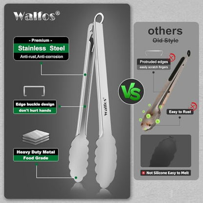 Walfos tongs for cooking, All Metal Kitchen Tongs 600℉ Heat Resistant, Heavy Duty Locking Tongs 2-piece 12 Inch - color: All Metal, size: 12in+12in