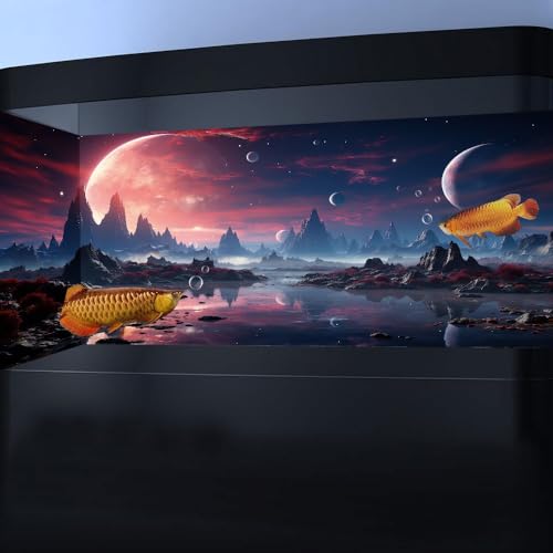 36X18IN Cosmic Spaceterrarium Background, Cool Parallel Space Themed Aquarium Reptile Habitat Background, Red Moon Aquarium Background with 10EVA Double-Sided Tape - color: space01, size: 36X18in/90X45cm