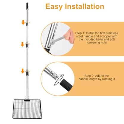 Leimaq Chicken Poop Scooper, Large Metal Chicken Coop Scoop for Stand with Adjustable Stainless Steel Long Handle, Litter Sifting Shovel for Chicken Coop and Pet Waste Cleaning