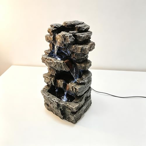 Tabletop Rock Waterfall Fountain, 4-Tier Stacked Stone, Resin, LED Lights, USB Powered, 7.08 x 5.5 x13.3Inches