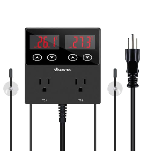 KETOTEK KT99pro Dual Digital Temperature Controller Outlet 10A Relay Heating Coolling Thermostat Controlled Socket with Sensor for Reptile Brewing Fermentation Breeding Incubation Greenhouse