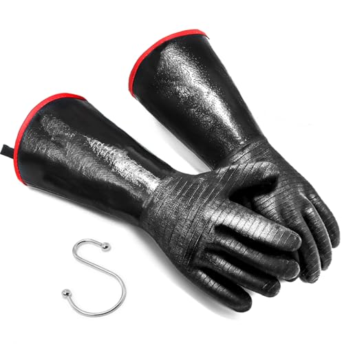 BBQ Gloves - 1472°F Thicken Heat Resistant Gloves w/S-Hook 14 in Kitchen Oven Mitts Waterproof Grill Gloves Oil Resistant Grilling Gloves Cooking Gloves for Turkey Fryer/Baking/Oven/Smoker