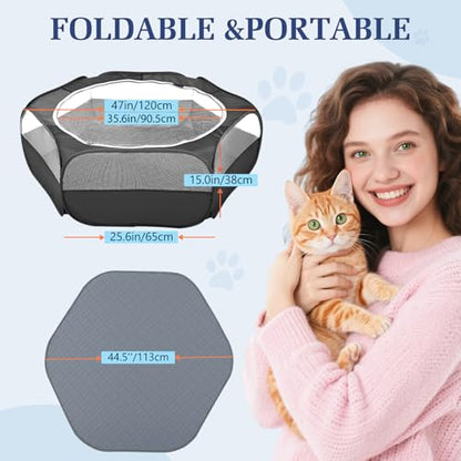 2-in-1 Small Animals Playpen with Pad, Waterproof Small Pet Cage Tent with Reusable Pad, Portable Outdoor Yard Fence with 3 Metal Rod for Chick/Kitten/Puppy/Guinea Pig/Rabbits/Chinchillas, Black+Gray - color: U-Black + Gray