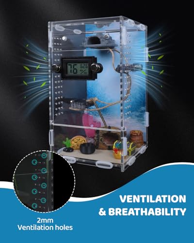 DIY Jumping Spider Enclosure,4.7"x4.7"x7.9" Escape-Proof Spider Terrarium,Small Invertebrate Acrylic Accessories Set,with Temperature and Humidity Detector,Platform,Hide,Tweezer,Feeding Bowl