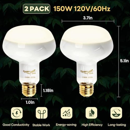 Reptile Heat Lamp, 2 Pack 150W Simulated Natural Sunlight Heat Lamp Bulbs Reptile Warm Light Lamp UVA Daylight Basking Light for Bearded Dragon Chameleon Turtle Snake Leopard Gecko Chicken, White - color: White, size: Day(150)