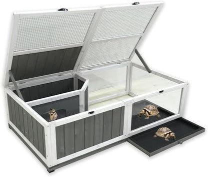 Tortoise Enclosure Outdoor Indoor Wooden Large Tortoises Habitat Box Turtle Habitat Tortoise House Bunny Rabbit Snake Hamster Reptile Terrarium Cage with Tray for Small Animals and Reptile, Grey