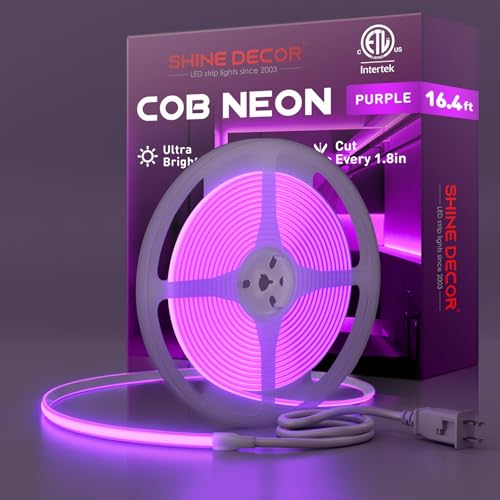 Shine Decor COB LED Rope Light AC 120V, 800lm Ultra Bright, IP65 Waterproof Cold-Resistant ETL Neon Strip, No Driver Tape Lighting for Home Commercial 10x4.5mm, Purple, 16.4ft - color: Purple, size: 16.4 ft