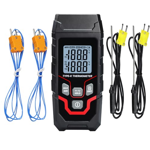 Digital Thermocouple Thermometer Dual Channel K Type Thermometer with 4 K Type Thermocouple Probes, -328~2501℉ Thermocouple Tester with LED Backlight Display - color: Black