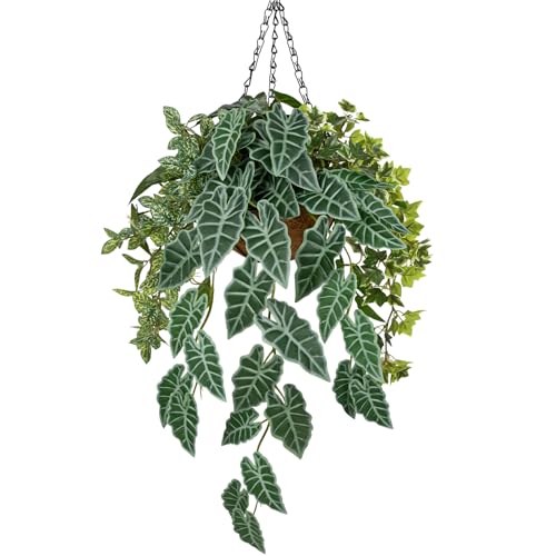Fake Hanging Plant with Pot, Large Hanging Artificial Plants with Basket & Hanger Faux Greenery Plants Indoor Outdoor Decor Fake Alocasia Longiloba Plant in Pot for Wall Balcony Patio Office Bathroom - color: Green Alocasia Macrorrhizos