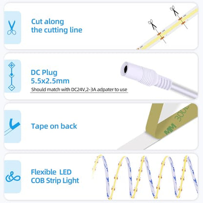 LED Strip Lights 24V Daylight White 6000K, 3 Pack (No Power Supply) | COB Super Bright, 16.4ft Dotless High Density, 14W/m 8mm Width, Cuttable Flexible for Home DIY Commercial Lighting Projects - color: White 6000K 3 Pack (Only LED Strip)