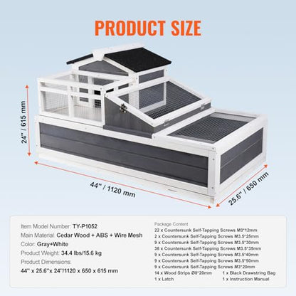 Happybuy 3-Room Tortoise House,Tortoise Habitat with Balcony & 2 Stories, Wooden Tortoise Enclosure Indoor & Outdoor with Ramp, Tray, Openable Roof, Large Reptile Cage, 44" x 25.6"x 24"