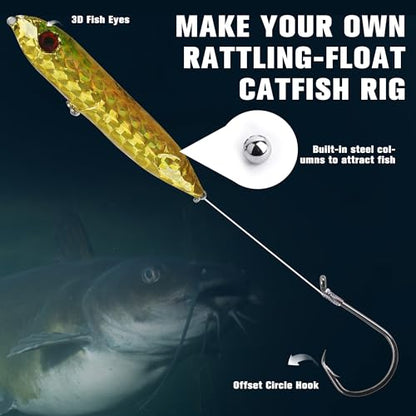Catfish Rigs Tackle Making Kits,Catfishing Tackle Gear with Catfish Floats Lures,Sinker Slides Circle Hooks Swivels Double Rattle Beads Catfishing Tackle Equipment