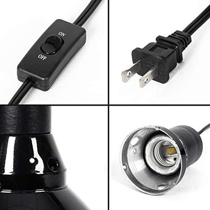 REPTI ZOO 8.5 inch Reptile Light Fixture 200W 2 in 1 E26 Base with Removable Ceramic Socket with On Off Toggle Switch in Black,Aquarium Dome Reptile UVB Light Socket Fixture (Without Bulbs)