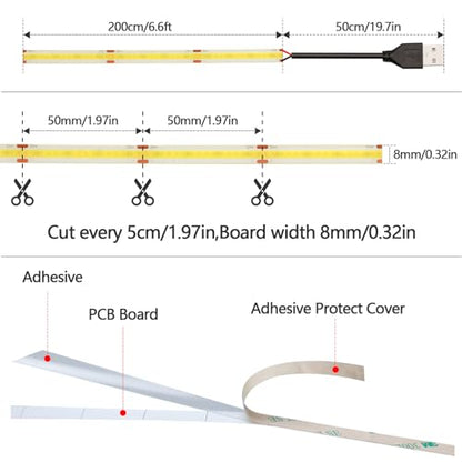 DC 5V USB COB LED Strip Light Natural White 4000K Dimmable IP65 Waterproof CRI 93+ USB Powered 6.6ft/2M 640LEDs with Dimmer High Brightness Flexible LED Tape Lights - color: Natural White