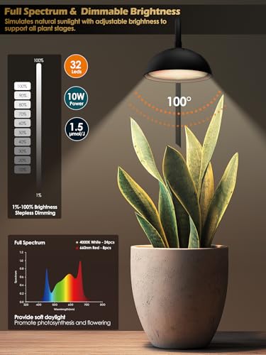 GLOWRIUM Smart Grow Lights for Indoor Plants,10W Full Spectrum LED Plant Light with 3/9/12 Timer,10 Dimmable Levels,Height Adjustable Grow Light with Base (Black) - color: Black