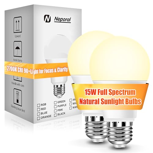 Neporal 15W Full Spectrum Light Bulb, 2700K Warm UV-Free Natural Sunlight Bulbs, 15W 100W Equivalent LED Light Bulb, CRI 90+, No Flicker, 1200Lumen Daylight Sun Light for Humans, Home & Office,2PK - color: 2700k Soft White, size: 2 Count (Pack of 1)