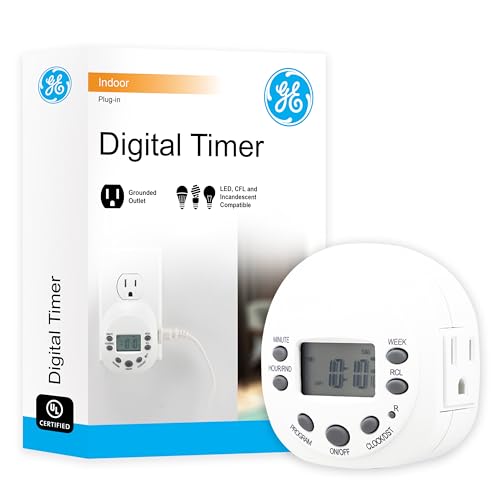 GE 7-Day Programmable Indoor Digital Timer, 1 Grounded Outlet, Weekly / 7 Day Cycle Plug for Electrical Outlets, 125 VAC Light, Plug, Lamp, White, 1 Pack, 15150