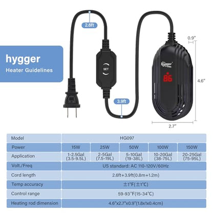 hygger Small Aquarium Heater, 15W Submersible Betta Fish Tank Heater with Adjustable Temperature External Controller, Turtle Heater with LED Display for up to 2.5 Gallon Tanks - size: 15W