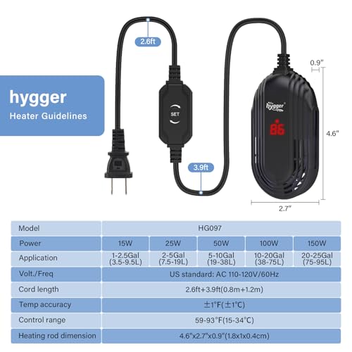 hygger Small Aquarium Heater, 25W Submersible Betta Fish Tank Heater with Adjustable Temperature External Controller, Turtle Heater with LED Display for up to 5 Gallon Tanks - size: 25W