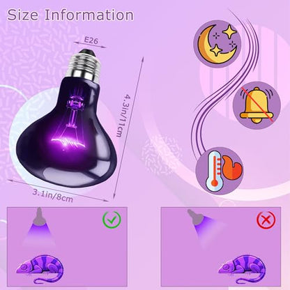 100W Reptile Night Light Bulb, UVA Heat Lamp – Simulated Natural Moonlight Purple Basking Bulb for Bearded Dragon, Lizard, Snake, Turtle, Chameleon, Amphibians, Aquarium & Terrarium Use - color: Purple Moonlight, size: 100W-3.15″
