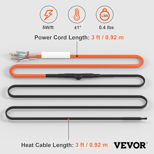VEVOR Self-Regulating Pipe Heating Cable, 3FT 5W/FT Heat Tape for Pipes Freeze Protection, Water Pipe Heat Cable with Built-in Thermostat Protects PVC Hose, Metal and Plastic Pipe from Freezing - size: 3FT