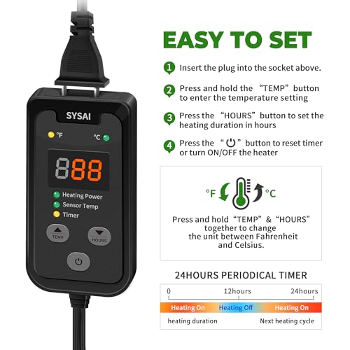 SYSAI Digital Thermostat Controller for Reptiles, Seed Germination, Breeding, Incubation and Small Greenhouse, 50-95°F, 1.5A 150W