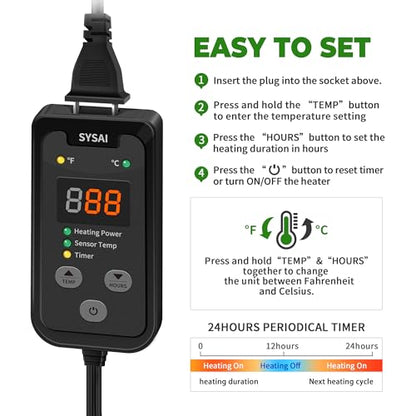 SYSAI Digital Thermostat Controller for Reptiles, Seed Germination, Breeding, Incubation and Small Greenhouse, 50-95°F, 1.5A 150W