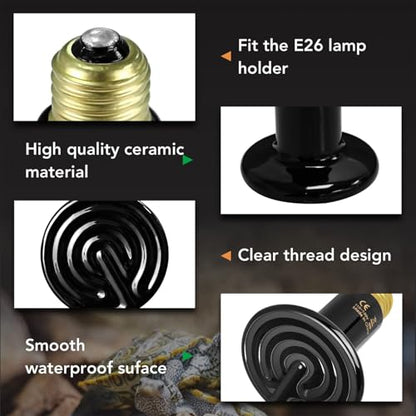 Simple Deluxe 40W Reptile Heat Lamp Bulbs, Pack of 4 Ceramic Heat Emitters for Amphibian Pet & Incubating Chicken (Black, 40 Watts) - size: 40 Watts, style: 4 Pcs