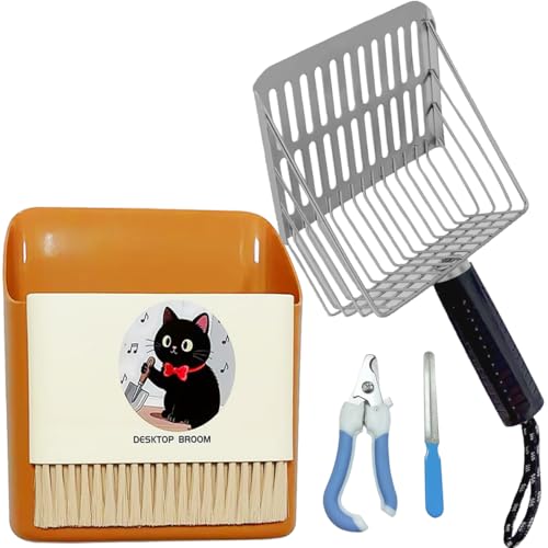 5 in 1 Stainless Steel Cat Litter Scoop with Holder,Litter Cleaner Corner Scoop Sand Sifter,Easy to Clean Cat Little Box, Sifting Litter Scoop Shovel for Reptile Terrarium Sand Waste (Black) - color: Black