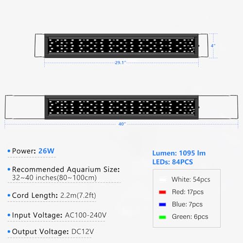 AQQA Full Spectrum Aquarium Light,Fish Tank Lights for Plant Growth Fish Viewing,3 Mode White Blue Red Green LED Beads,Timer,Adjustable Brightness,Extendable Brackets for Freshwater 26W for 32-40inch - size: 26W for 32-40inch
