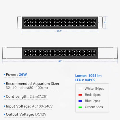 AQQA Full Spectrum Aquarium Light,Fish Tank Lights for Plant Growth Fish Viewing,3 Mode White Blue Red Green LED Beads,Timer,Adjustable Brightness,Extendable Brackets for Freshwater 26W for 32-40inch - size: 26W for 32-40inch
