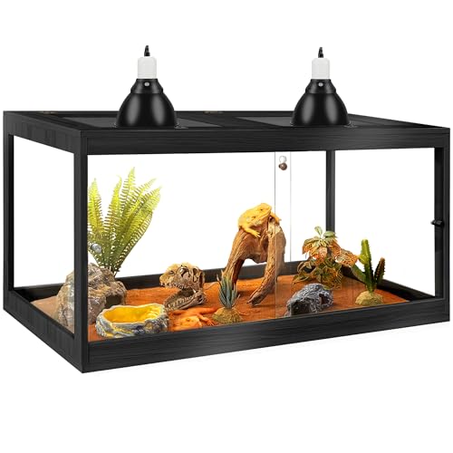 PROLEE Bearded Dragon Tank 34 Gallon, Tempered Glass Reptile Tank with Meatl Mesh Roof and Front Sliding Door, Anti-Scratch Lizard Tank, Spacious Reptile Enclosure for Snakes,Lguanas (Black) - color: Black, size: 34Gallons，32"x16"x16"