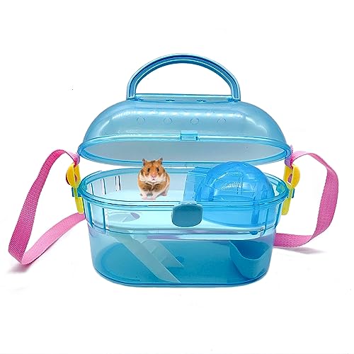 Portable Hamster Cage Syrian Hamster Carry Travel Cage with Water Bottle Food Bowl Adjustable Strap Small Animals Outgoing Cages for Gerbil Squirrel Guinea Pig Chinchilla Hedgehog Blue - color: Blue Hamster Carriers