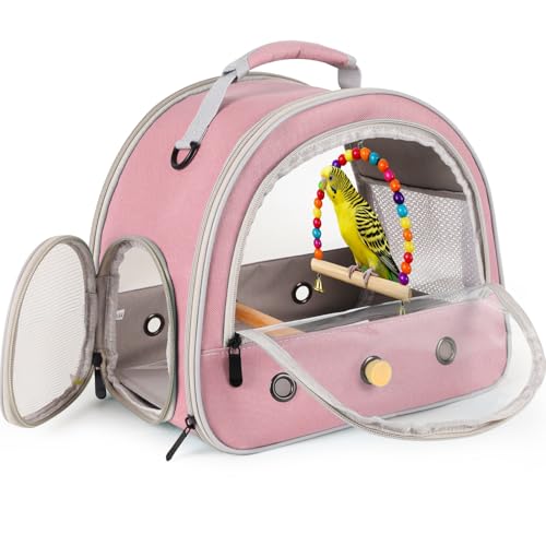 Portable Parrot Travel Cage Carrier with Small Swing Toy&Cage Colorful Toys Set Small Bird Parakeet Bag with Standing Perch Bird Carry Transport Bag (Pink, Carrier/Swing) - color: Pink, size: Carrier/swing