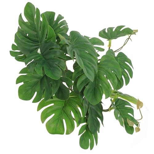 PRETYZOOM Artificial Hanging Plant for Reptile Tank Décor with Suction Cup, 23-Leaf Monstera Fake Plant for Amphibian and Reptile Habitat, Lifelike Terrarium Ornament for Indoor Tanks