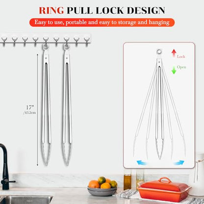 Grill Tongs - 17 Inch Extra Long BBQ Tongs, Heat Resistant Stainless Steel Kitchen Tong, Heavy Duty Metal Locking Tong for Cooking, Grilling, BBQ/Barbecue, Food (All Metal - 17") - color: All Metal - 17"