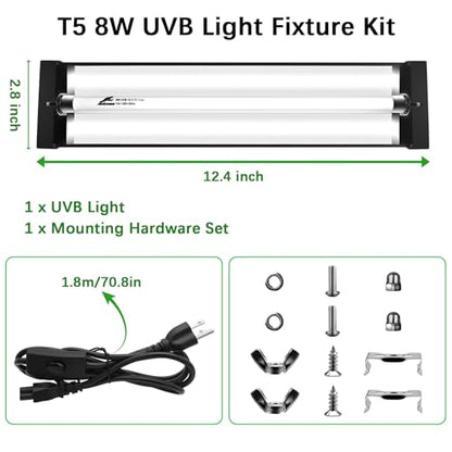 T5 10.0 UVB Reptile Light Fixture Combo Kit, 8W High Output UVA UVB Light with Upgraded Wider Alloy Reflector for Bearded Dragons Lizards Tortoises and Desert or Tropical Reptiles 12.4Inch - size: 12.4Inch