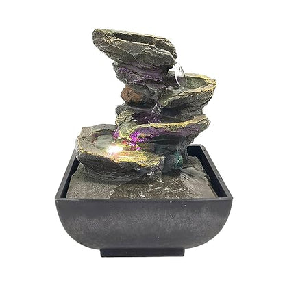 Indoor Tabletop Fountain Water Fountain with Light and Natural Waterfall Sounds for Desktop, Spa and Home Décor, 4-Tier Small Desktop Fountain for Leisure and Relax Zen Meditation