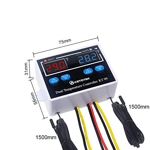 KETOTEK Digital Dual Temperature Controller 120V Fahrenheit Thermostat 10A with 2 1.5m Waterproof Probes, Heating Cooling Temperature Control Switch Refrigerator Fan Heater