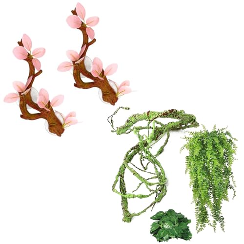 kathson 2 PCS Reptile Corner Branch with Suction Cup, Lizard Climb Branches Decor Reptile Vines Plants Flexible Bendable Jungle Climbing Vine